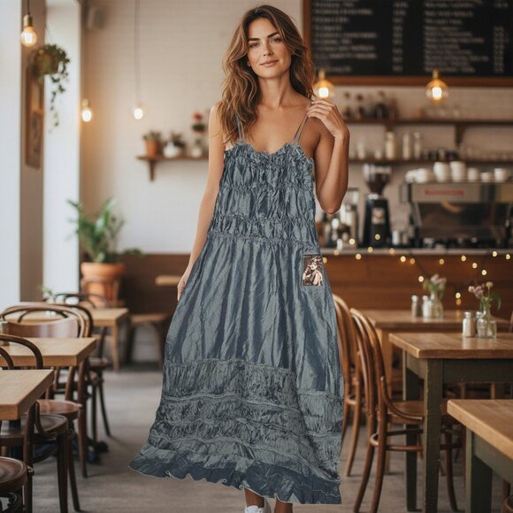 Magnolia Pearl Dresses & Skirts - Magnolia Pearl Blue Silk Tiered Elastic Ruched Sundress